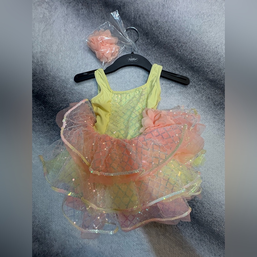 Revolution Dancewear Girl’s Yellow Peach Mesh Sequin Ruffle Costume Dress SC - Picture 6 of 9
